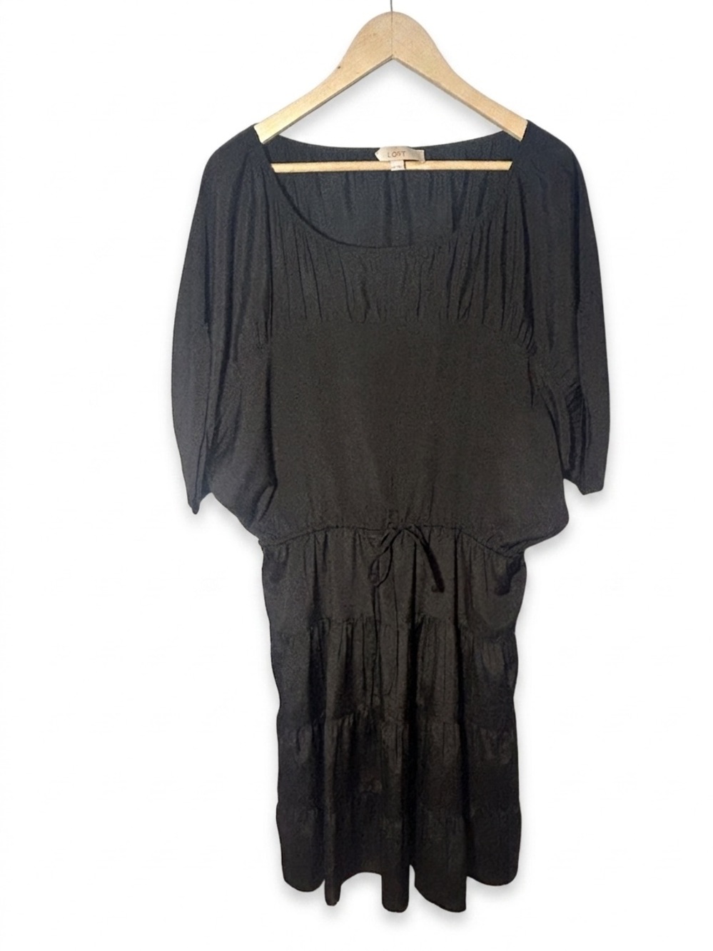 LOFT Black Drawstring Waist Tiered Dress – Lightweight & Flowy